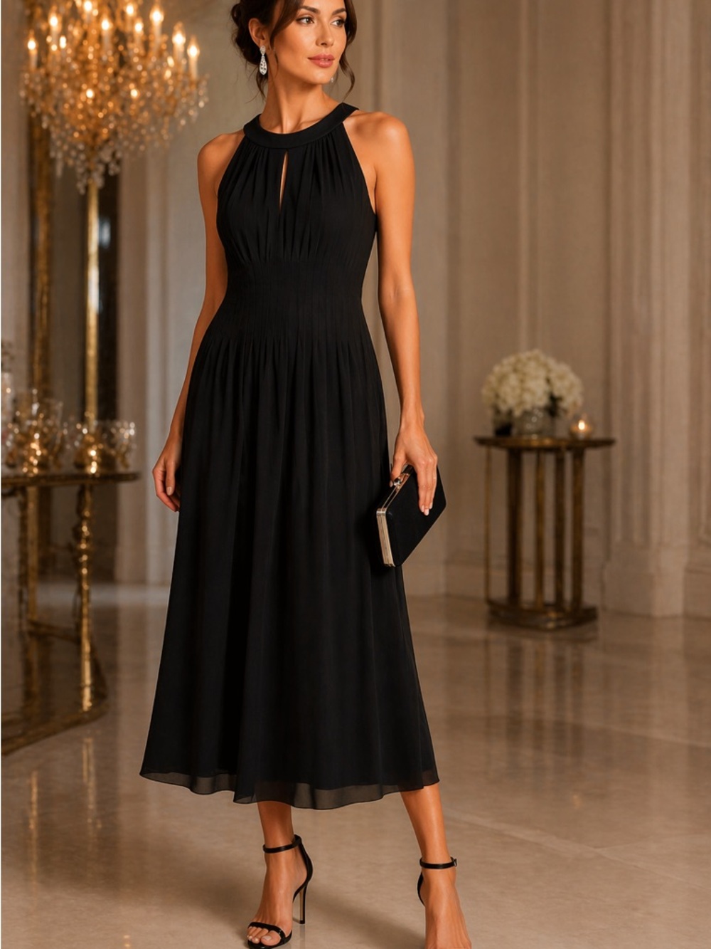 Kay Unger Black Halter Dress | Elegant Evening Midi | Keyhole Neckline | Size‎ 8